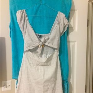 Taupe solid slub Guaze  Tie front cut out dress